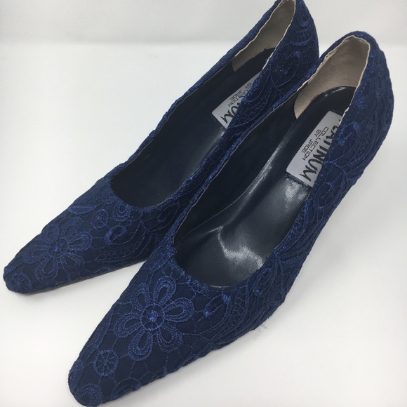 Platinum shoe Navy Lace Fabric 2.5 Inches Heel - Picture 2 of 11
